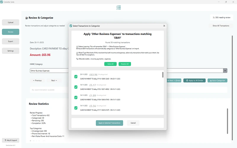 Censitio Desktop auto-categorization interface