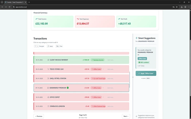 HMRC expense category dropdown menu
